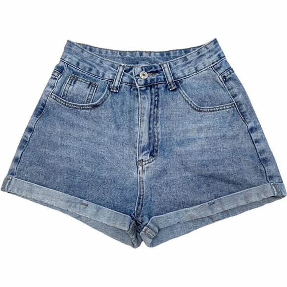 SHEIN Womens Small Shorts High Waisted Denim Rolled Hem Zip Fly Button Blue Jean - Picture 3 of 14
